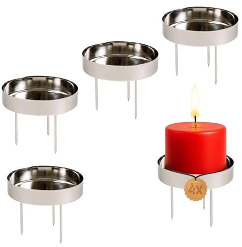 matches21 HOME & HOBBY Kerzenteller 4er Set Metall Silber Ø 6,1 cm mit 3 Dornen - Adventskranz Kerzenhalter Stumpenkerzen
