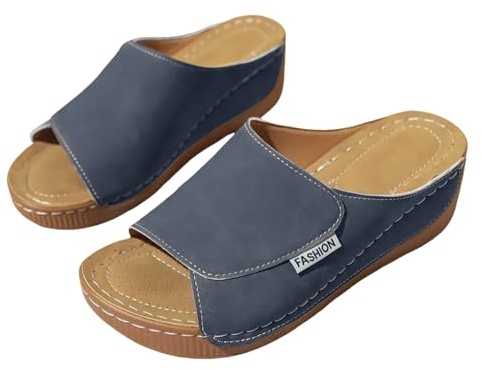 Pantoletter, dam, med fotbädd, sandaler, kilklack, sommar, slip-sandaler, öppna tår, strandsandaler, tjocka högklackade sandaletter, mjuka utomhussandaler, bågsstöd, fritidssandaler, Mörkblå, 40 EU