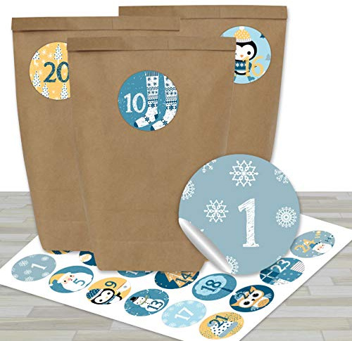 Papierdrachen Adventskalender zum Befüllen - mit 24 braunen Papiertüten und 24 blau-gelben Aufklebern - zum Selbermachen und Basteln - Mini Set Nr 31 - Weihnachtskalender für Kinder
