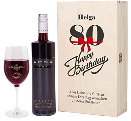 Herz & Heim® Bree Weingeschenk zum 80. Geburtstag mit graviertem Weinglas und Bree Wein zur Auswahl in Weinkiste mit Aufdruck Rot
