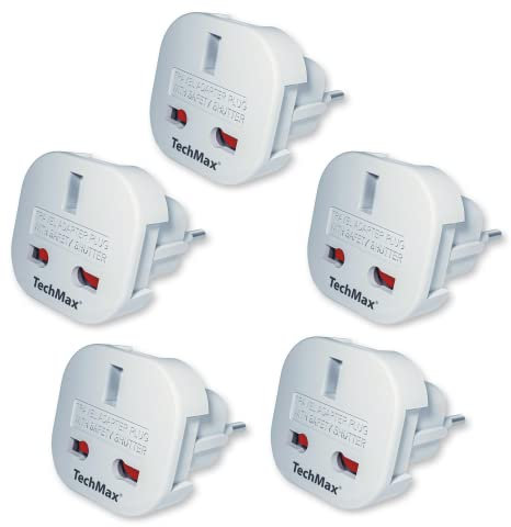 TechMax Pack of 5 UK to European Plug Adapter Type G to Type C,E,F for France, Spain, Turkey, Italy, Greece, Portugal, Germany, Poland, Asia - 3 Pin to 2 Pin Travel Adapter (White)