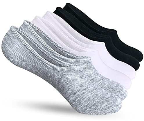 AKOENY No Show Socks Womens 6 Pairs Low Cut Ankle Footie for Flats Sneakers Loafers, Size 9-11, Black/White/Grey