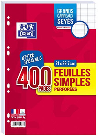 OXFORD Lot de 400 Pages Feuilles Simples Grands Carreaux Seyes Format A4 (21x29,7cm) Perforees