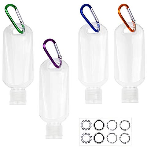 Kare & Kind Clear Tragbare Reiseflaschen - 4x Leere Flaschen mit Klappdeckel, 4x Karabiner, 1x Aufkleber-Etikettenblätter - bis zu 50 ML - Für Handdesinfektionsmittel, Desinfektionsalkohol