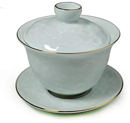 YXHUPOT Gaiwan Chinese Sancai 6oz Tureen Tray Cup Tea Set Bowl Saucer Lid Delicate Gold Wire (Embossed bloom)