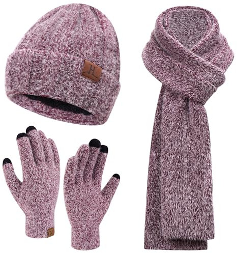 Damen Winter Warm Beanie Mütze Touchscreen Handschuhe und Lang Schal Set mit Fleece Gefütterte, Thermo Wintermütze Strickmütze Schals Winterhandschuhe Strickhandschuhe Frauen Geschenk, Weinrot