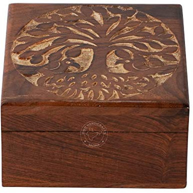 Portagioie in legno anticato fatto a mano, con albero della vita, intagliato a mano, per donne-uomini, accessori decorativi per la casa, scatole decorative, conservazione e organizer (11,4 x 11,4 x