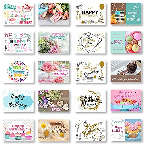 Domelo Geburtstagskarten 20er Set mit Umschlag, Happy Birthday Postkarten | Kraftpapier Karten zum Geburtstag, Geburtstagskarte für Mann/Frau/Kinder, Postkarte als Grußkarten. 20 Karten + 20 Umschläge