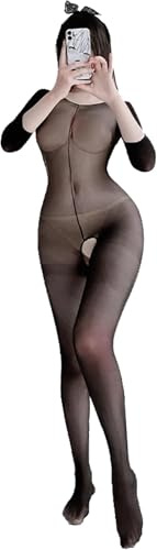 Bommi Fairy Women's Sexy Leotard Fishnet Bobysuits Transparent Underwear Long Sleeve Jumpsuit Lingerie Nightwear (Black)