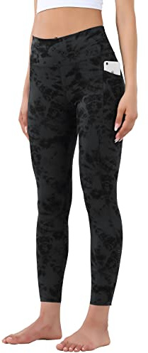 OVRUNS Damen Sporthose mit Taschen, Blickdicht Sport Leggins High Waist Lang Fitnesshose Yogahose - Schwarzes Muster - S