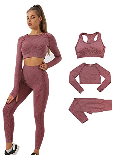 DONYKARRY Damen 3-teiliges Nahtloses Trainingsanzug Yoga Outfit Jogginganzug Set Freizeitanzug（Weinrot,L）
