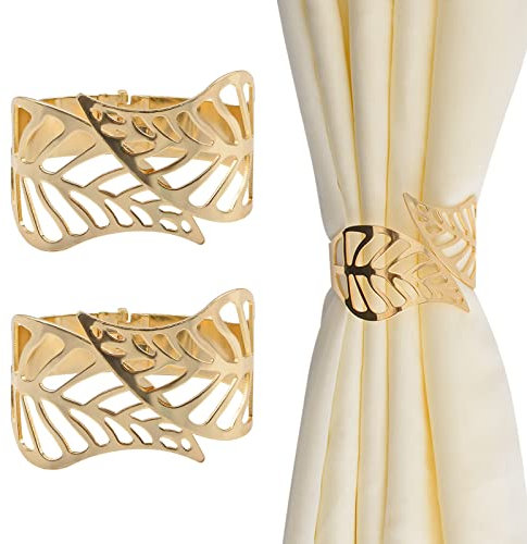 UFURMATE Vorhang Raffhalter, 2Pcs Metall Kreative Vorhang Seil Schnallen Dekorative Hohle Blatt Vorhang Raffhalter Feder Drape Halter Clip Für Home Office (Gold)