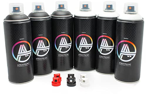 Double A Spraypaint Sprühdosen Set, Paket Black/White, 6x400ml Schwarz/Weiß Spraydosen + Sprühaufsätze
