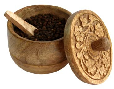 Mie Creations Salt Pepper Pinch Bowls, Vintage Salt Box Cellar with Wooden lid | Wood Spice Keeper for Cooking, Sugar Coffee Storage Container for Kitchen with Tiny Spoon- Christmas Thanksgiving Decor