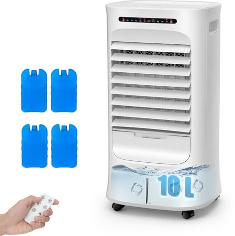 COSTWAY Rafraîchisseur d'Air 4 EN 1,Climatiseur Mobile sans Évacuation 10L,66W,Auto-Oscillation,Refroidissement,Ventilateur,Humidificateur,Purificateur,4 Pain de Glace,Mini Clim Portable