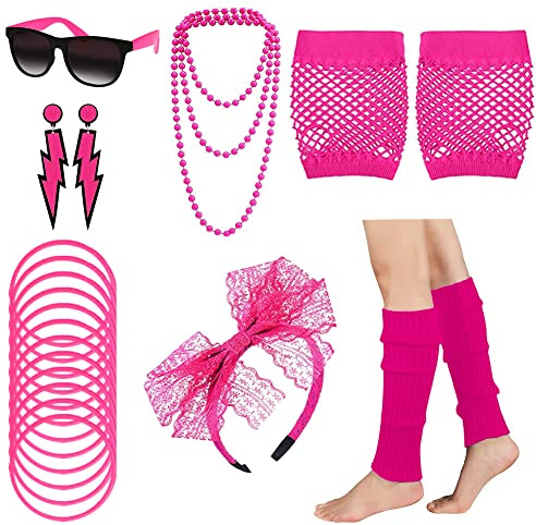 80er Jahre Outfit Damen 80er Jahre Accessoires, 80er 90er Jahre KostüM Damen Party Neon Accessoires Spitzenstoff Stirnband Ohrringe Brille 80er Netzhandschuhe ArmbäNder Halsketten Beinlinge