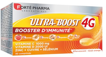 Forté Pharma - Ultra Boost 4G Booster d’Immunité | Complément Alimentaire Booster d'énergie | Vitamine C - Vitamine D - Guarana, Gelée Royale, Gingembre, Giseng | 30 comprimés Effervescents