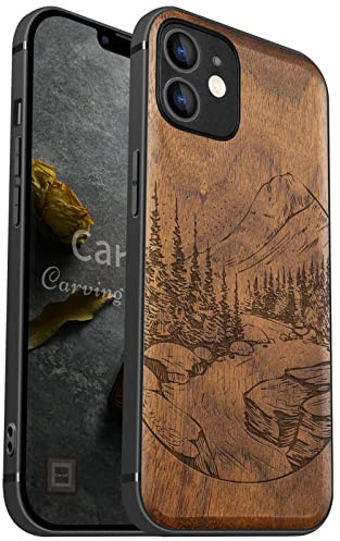 Carveit Holz Hülle für iPhone 12, Nussbaum-Naturlandschaft | Cover kompatibel MagSafe [Holz und TPU Silikon Hybrid Hull] Magnetisch Case für iPhone 12 Handyhülle