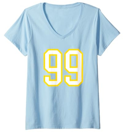 Damen Trikot Zahl #99 gelb weiß Geburtstag Sport Zahl 99 T-Shirt mit V-Ausschnitt