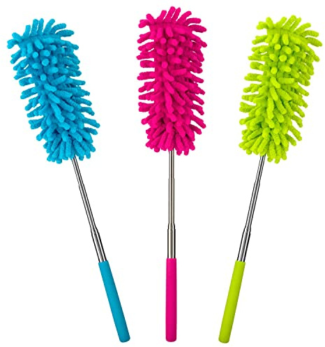 HOMESHOPA Microfiber Extendable Dusters, 3 Pack Reusable Dusting Brush with Telescoping Pole, Washable Feather Duster Head, Removes Dust & Cleans Windows, Furniture, Home, Office, Assorted Colour