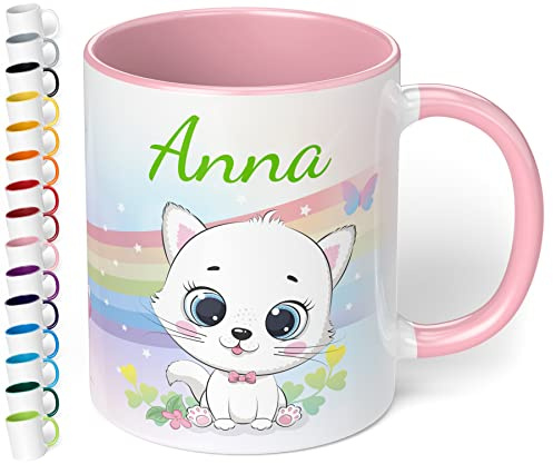 Kinder-Tasse mit Namen „Weiße Katze mit Regenbogen-Motiv“ – personalisierte Namenstasse für Jungen und Mädchen - rundum bedruckt – schönes Geschenk zu Weihnachten, Geburtstag (Rosa)