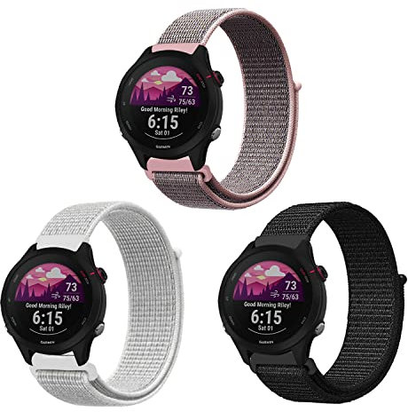 ZoRoll 3 Stück 18mm Armband für Garmin Forerunner 265S/Forerunner 255S Music/Vivoactive 4S/Vivomove 3S/Venu 2S, Nylon Einstellbar Klettverschluss Ersatzarmband für Garmin Move 3S - Schwarz+Weiß#1+Rosa