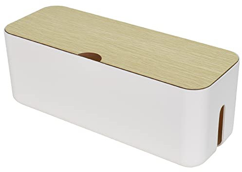 Zimoer Caja organizadora de Cables Grande, Caja Organizadora de Cables con Tapa de Bambú,Caja de Cables-Oculta y Recoge Cables y Regletas -Útil para tu Hogar, Oficina o Escritorio (White)