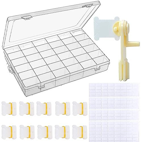 Aufbewahrungsbox für Stickgarn, Floss Winder Garn Aufbewahrung, 100 Stück weiße Plastikseide Spulen Set, 4 Blätter Zahnseide Nummer Aufkleber