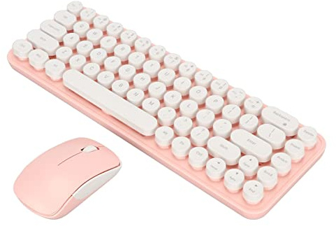Vikye Combo de Teclado y Mouse Retro para Máquina de Escribir, Colorido Teclado Retro para Máquina de Escribir de 2,4 GHz con Lindas Teclas Redondas, Mouse Inalámbrico Ajustable dpi (Blanco Rosa)
