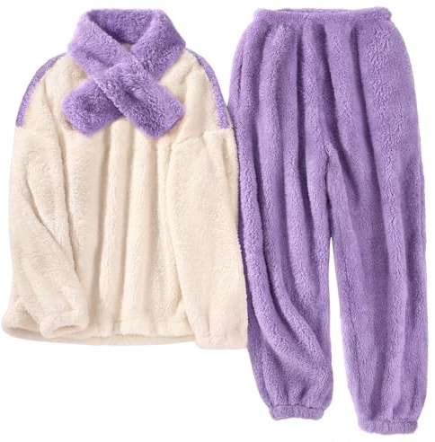 TOMEEK Pigiama da Donna Completo Invernale in Morbido Pile Polare Completo per Il Tempo Libero con Top a Maniche Lunghe Pantaloni e Sciarpa Pigiama Accogliente Pjs da Donna