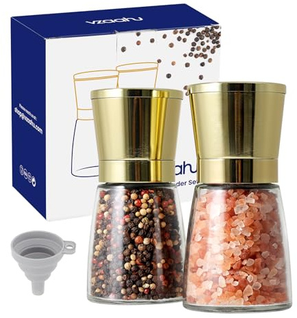 vzaahu Golden Salt and Pepper Grinders Set | Adjustable Coarseness Shiny Gold Cap Seasalt Peppermill Set Refillable with Magnetic Lid for Cooking Kitchen Decoration Gift