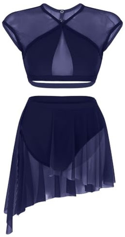 Vsadsau Asymmetrisches Ballett-Tutu, Tanzkleidung, Netzstoff, bauchfreies Top mit Gymnastikanzug, Rock, Tanzkostüme Set, marineblau, L