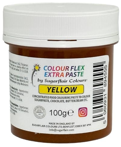 Sugarflair Colourflex Extra Paste Lebensmittelfarbe Paste Yellow - Essbare Lebensmittel Farbe für Buttercreme, Schokolade, Zuckerpaste, Zuckerguss, Fondant, Kuchenmischungen, Teig und mehr - 100g
