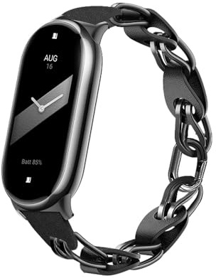 XIHAMA Compatible avec Xiaomi Mi Band 8/9 Bracelet de montre de rechange Design ajouré Anneau en acier inoxydable Chaîne en cuir Ceinture Mi Band 9 Bracelet élégant pour femme