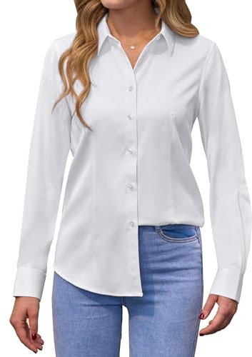 siliteelon Womens Blouses White Shirts for Women Long Sleeve Tops Casual Regular Fit Work Office Executive Ladies Fashion Shirts L
