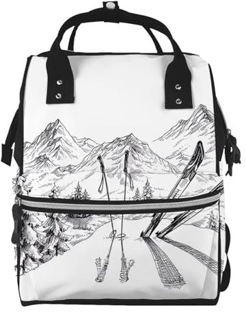 OrcoW Windeltasche mit Ski-Themen-Druck, Mumien-Rucksack, große Kapazität, multifunktional, wasserdicht, Windeltasche für Mama und Papa, Schwarz , One size