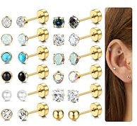 JeweBella 12 Paar Ohrringe Chirurgenstahl für Damen Mädchen Hypoallergen Zirkonia Opal Mondstein Medizinische Ohrstecker Set Gold/Silber Ohrringe Helix Knorpel Ohrringe für Mehrere Piercings
