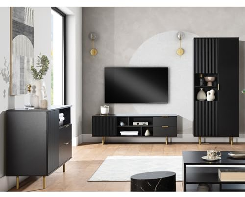 Lomadox Wohnmöbel Set Wohnwand matt schwarz 3-teilig modern 1 Kommode, 1 Lowboard, 1 Vitrine