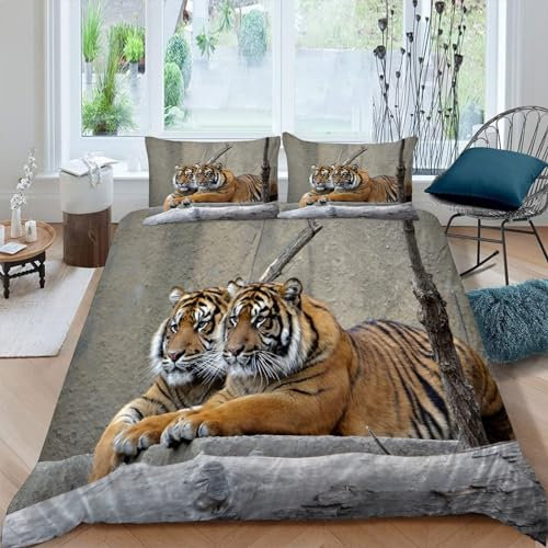 MAQUE Wilde Tiere BettwäSche 135x200 Tiger 3D-gemustertes Mikrofaser Bettwäsche-Sets, Weich Bettbezug mit Reißverschluss und 2 Kissenbezüge 80 x 80cm