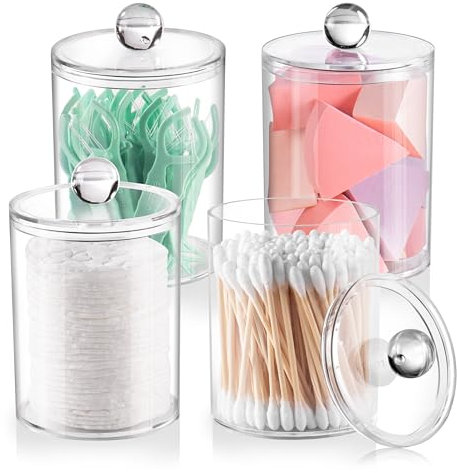 Paquete de 4 soportes Qtip, frascos de boticario, dispensador de bolas de algodón, tarros de baño con tapas, juego para algodón redondo, hisopo de algodón, recipientes de plástico de 10 a 12 onzas,