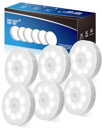Evolpor Motion Sensor Lights Indoor, 3 Modes Cupboard Lights, Rechargeable LED Stair Lights, USB Charging Night Lights, Sensor Step Light for Kitchen Stair Closet Under Cabinet (Cold White, 6 Pack)