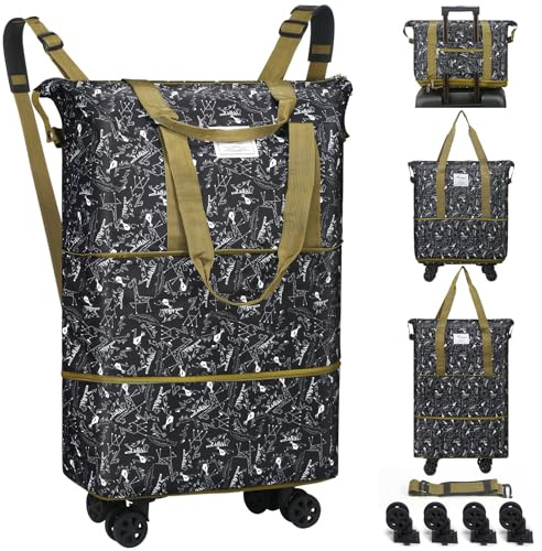 Voowo Reisetasche mit Rollen, faltbar, erweiterbar, Reisetasche mit Rädern für Reisen, Rollgepäck, Handgepäck mit Rollen, großer Rollrucksack, Wochenendtaschen für Männer und Frauen, tier, duffle bag