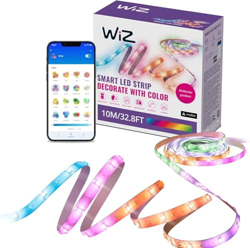WiZ RGBIC LED Lightstrip - 10 m, 16 Mio. Farben + Weißtöne, dynamische Lichtszenen, verbindet sich mit Ihrem WLAN, Sprach- / App-Steuerung, funktioniert mit Google Home, Alexa und HomeKit