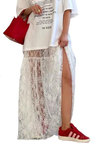 Perbai Gonna sexy da donna in pizzo trasparente, a vita alta, con ricami floreali, con volant, linea lunga, maxi gonna da spiaggia, bianco, L