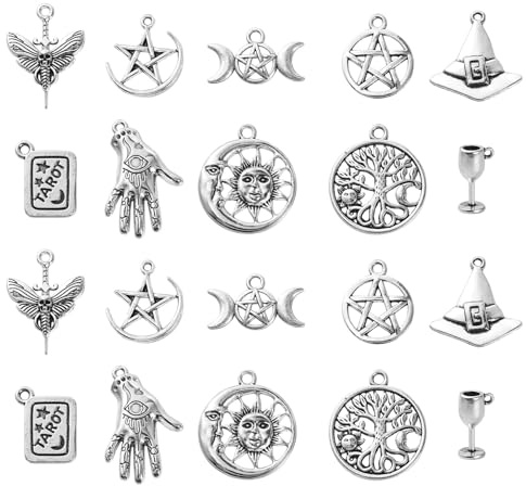 Ornazy 100 piezas de 10 estilos de suministros de manualidades de plata envejecida, sol, luna, estrella, tarot, cáliz, sombrero de bruja, dijes de brujería vintage para hacer joyas