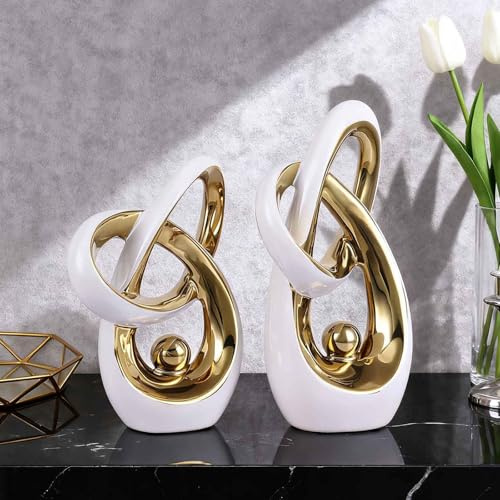 LINYTHER Scultura da scrivania bianca e oro decorazione per la casa grande, arte moderna astratta nodo dorato Knick Knack per mensole, tavolino da caffè, tavolo da pranzo, armadio per caminetto,
