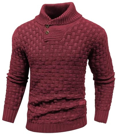 Qinfren Tröja för herr polotröja tröja långärmad tröja finstickad tröja herr ståkrage pullover stickade knappar twisted termisk tröja, vinröd, L