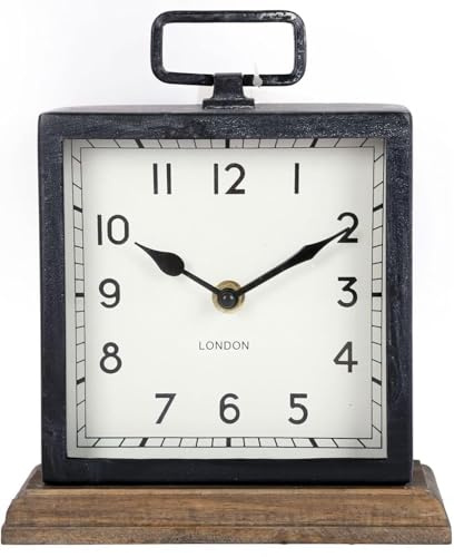 BelAya E Rustic Distressed Metal Wood Industrial Square London Mantle Clock -21cm