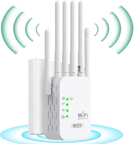 Répéteur WiFi, Amplificateur de Signal WiFi, Extension WiFi Booster, 6 antennes, 2 Ports LAN, Couverture jusqu'à 300 mètres carrés Amplificateur WiFi Facile à Utiliser pour la Maison et Le Bureau