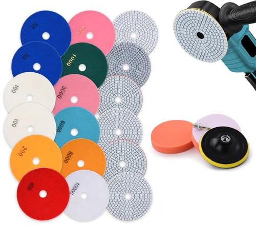 16 discos de pulido de diamante con placa de apoyo de goma M14, fieltro de lana, juego de pulido de mármol de 125 mm, almohadillas de lijado para granito, hormigón, azulejos, piedra, lijado, 50-10000